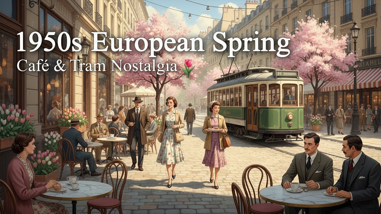 Springtime in 1950s Europe: Tram Street Life & Cozy Café Vibes 🌷 Nostalgic Vintage Songs