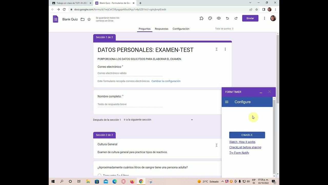 COMO HACER UN EXAMEN TEST con FORM TIMER