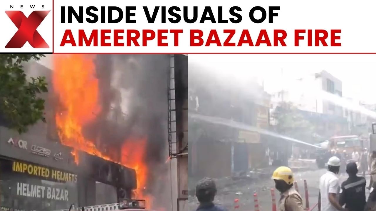 Telangana Fire Shocking VISUALS: Massive Blaze Erupts at Ameerpet Helmet Bazaar in Hyderabad