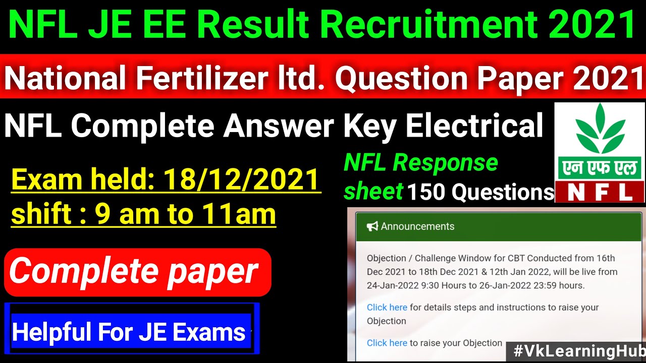NFL Electrical JE 2021 Complete Response sheet | NFL JE PYQ Answer key 2021 | NFL results out | VLH