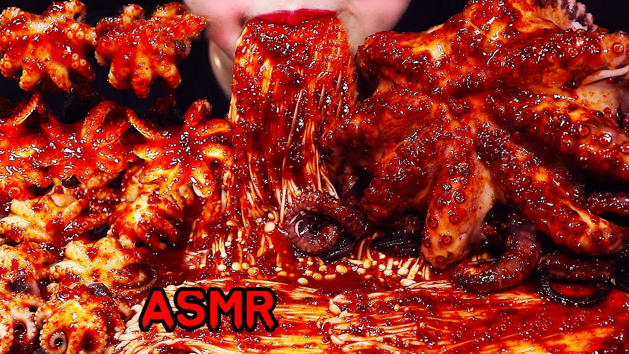 ASMR ऑक्टोपस, मशरूम JAMUR ENOKI BIG(GIANT) REAL SPICY OCTOPUS (RECIPE) SPICY ENOKI MUSHROOMS WEBFOOT