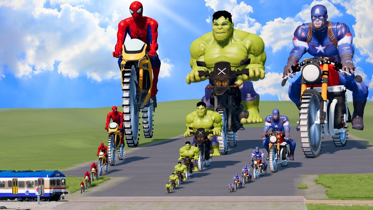 Big & Small: Spiderman vs Hulk vs Captain America on a motorcycle with Saw Wheels | BeamNG.Drive