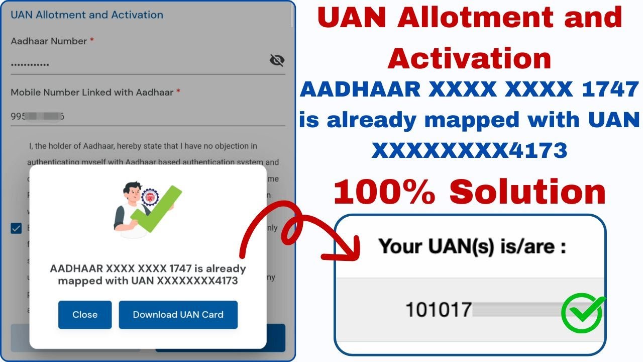 AADHAAR XXXX3453 is already mapped with UAN XXXX4321 | UAN Generate Error | Know your UAN