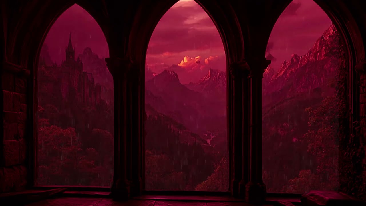 4K Medieval Castle Gothic Window Rainstorm at Night – Insomnia Relief, Tinnitus & Deep Sleep