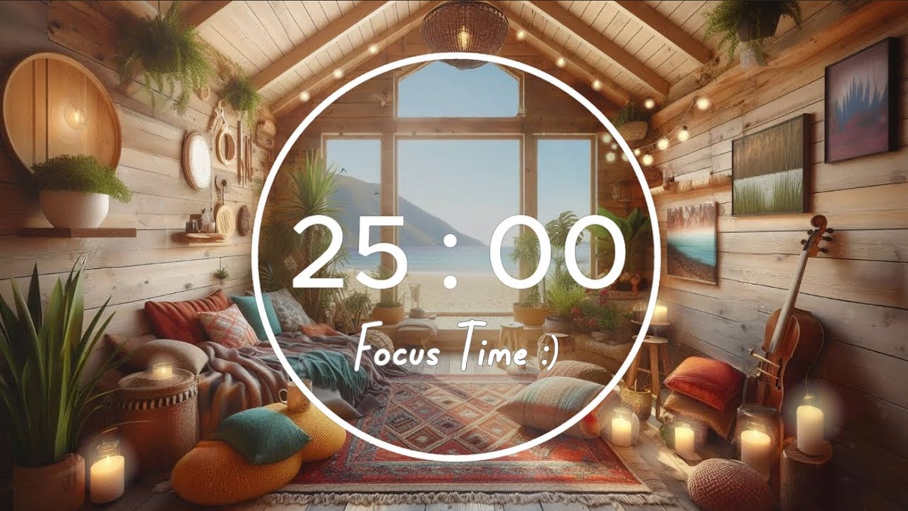 🏝️ 25-Minute Pomodoro Timer Lofi | Cozy Beach Cabin Ambience & Lofi Beats 🌊 | Relax & Focus