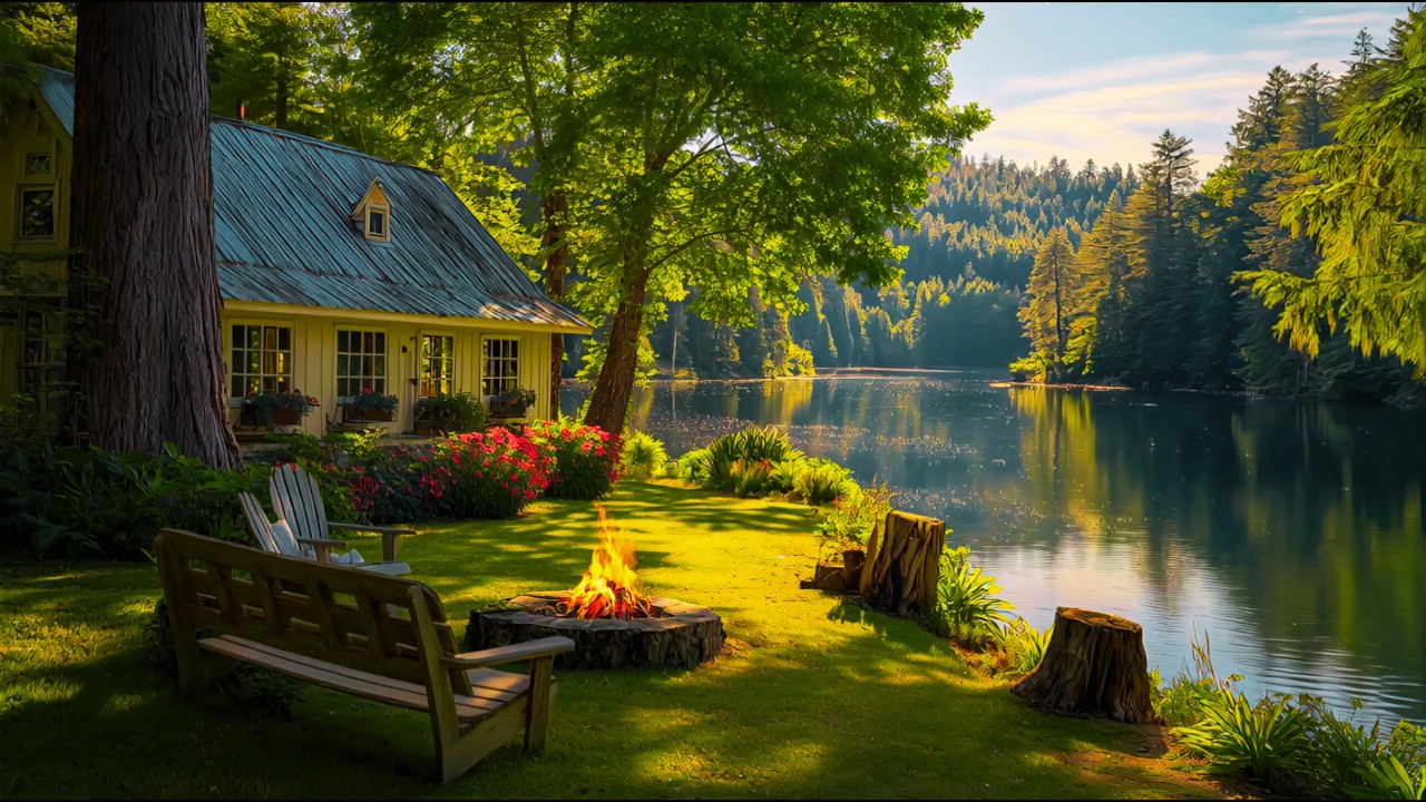 Cozy Cabin Spring Ambience beside a calm lake; campfire at sunset with birds, nature sounds