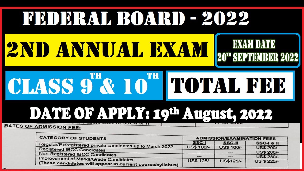 FBISE | Class 9 and 10 | Federal Board 2nd annual exam admission  (2022) | Last date of apply & fee