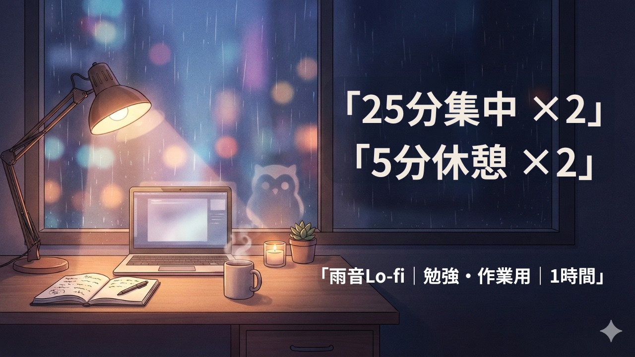 【1H】勉強用BGM｜25分集中×2 / 5分休憩×2｜雨音Lo-fi｜作業・読書・No Vocals