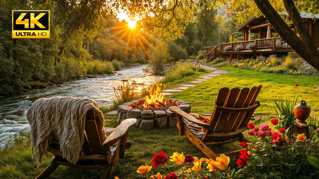 Relax with Spring Nature Sounds: Soothing River Ambience with Crackling Fire Pit and Calm Birdsong