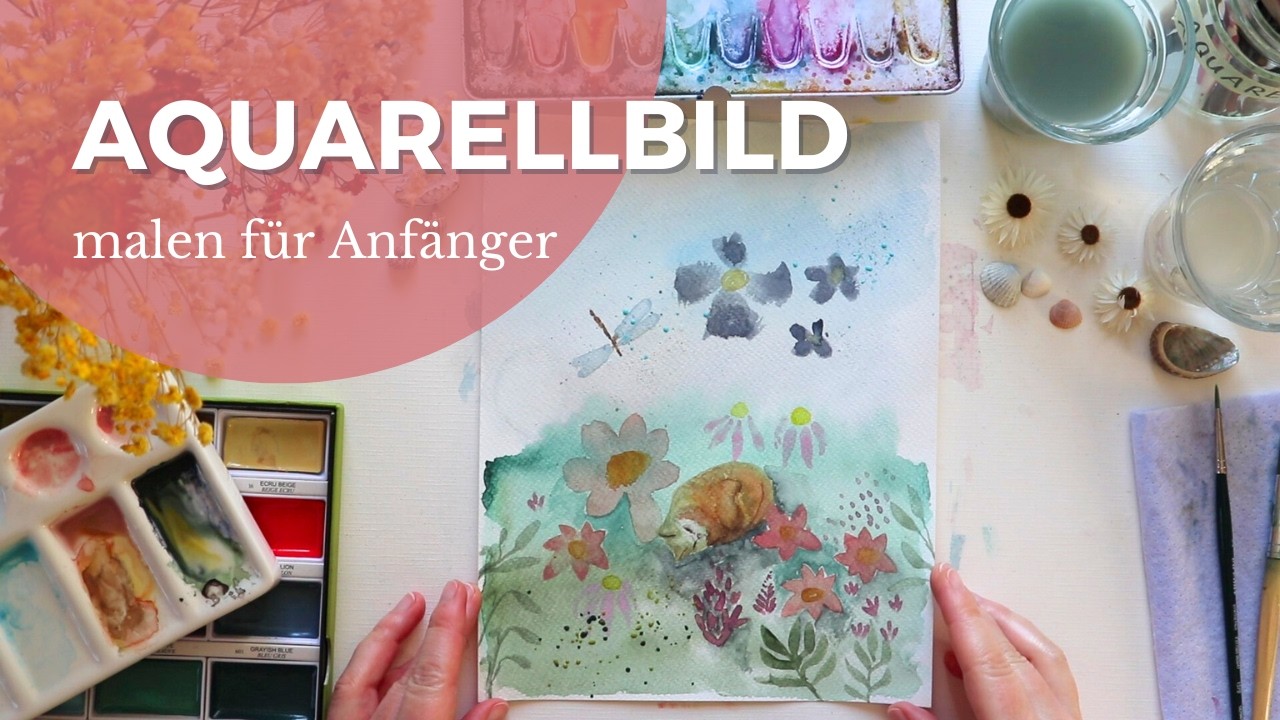 Malen ohne Regeln | Frühlings Aquarell mit Blumen, Katze und Libelle