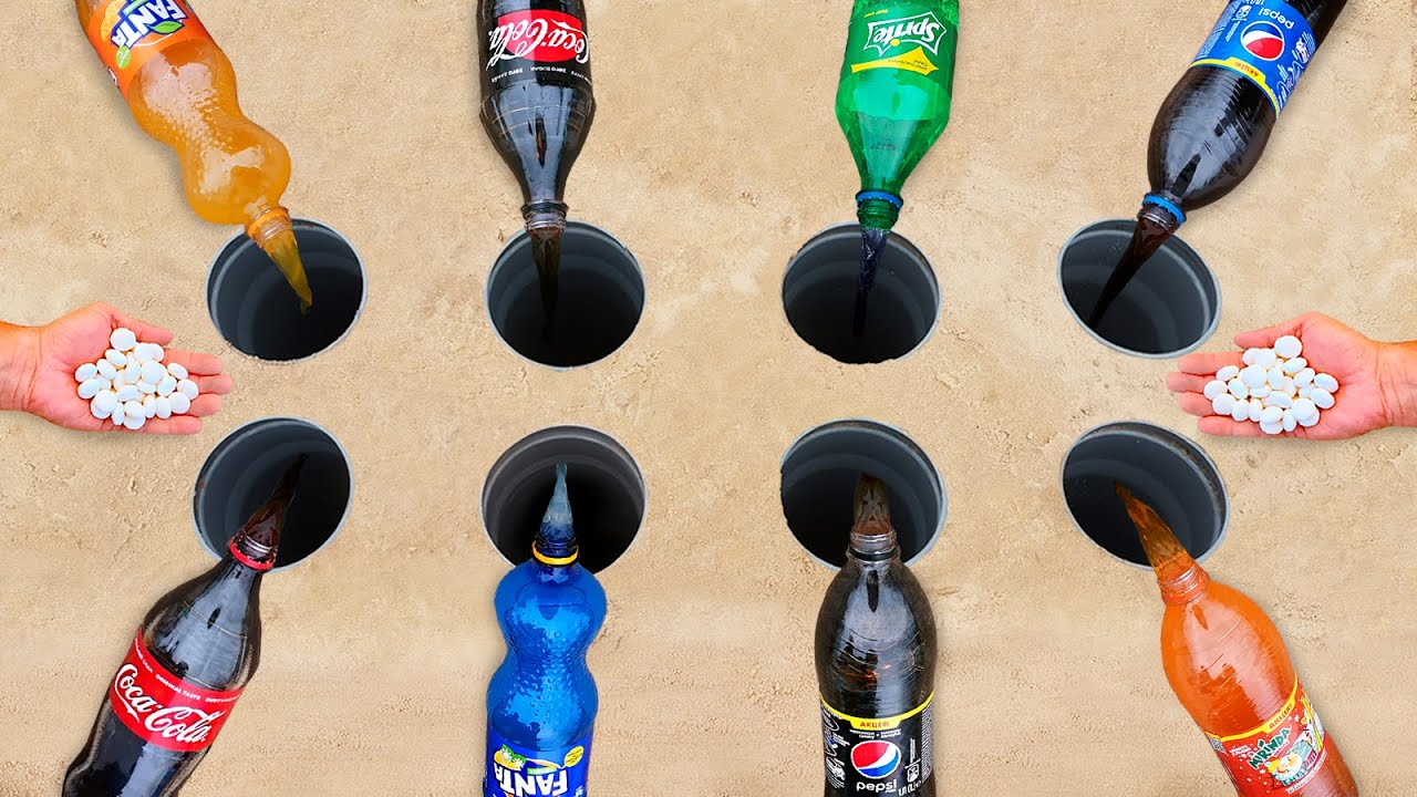 Colorful Experiment: Coca Cola, Fanta, Sprite vs Mentos in different Holes Underground