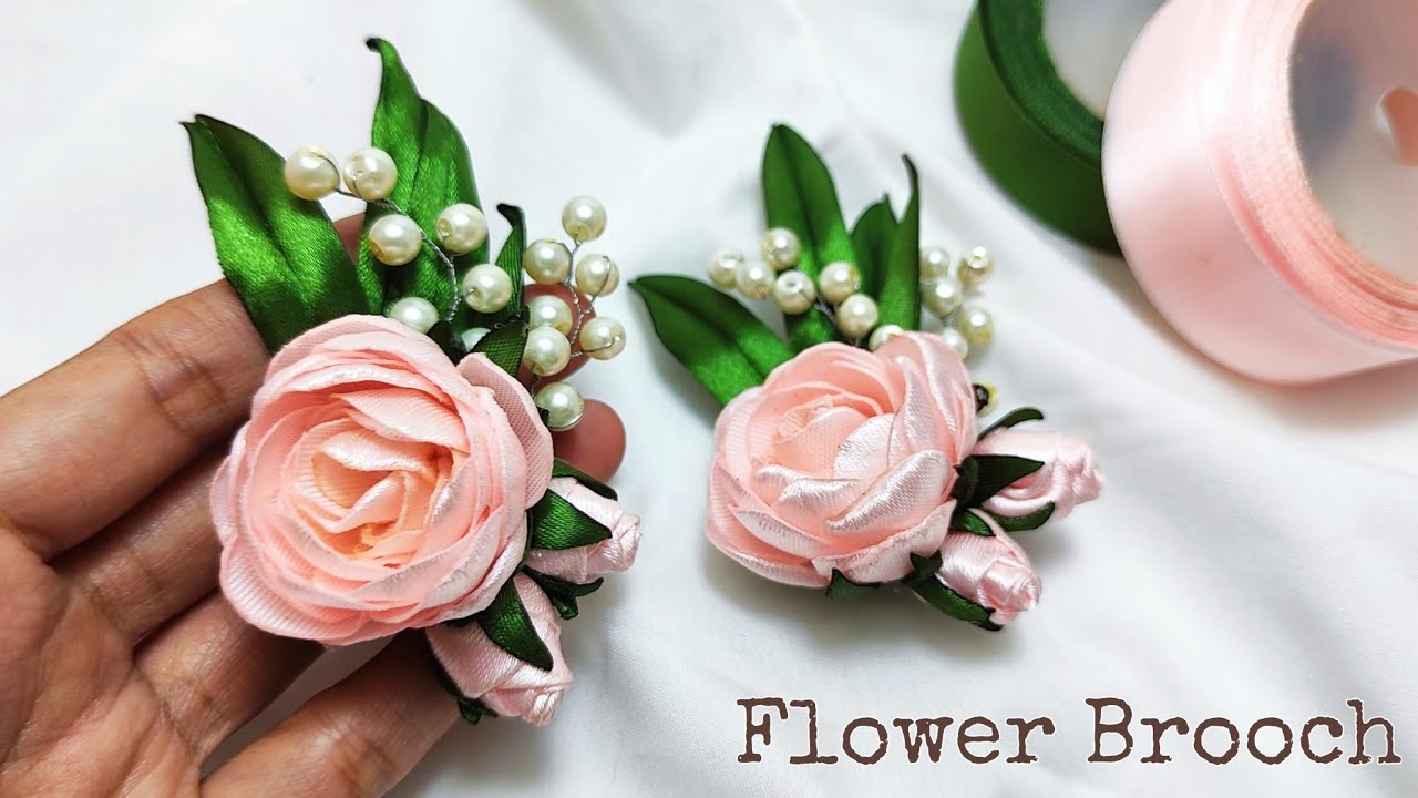 DIY rose brooch/how to make satin ribbon flower easy