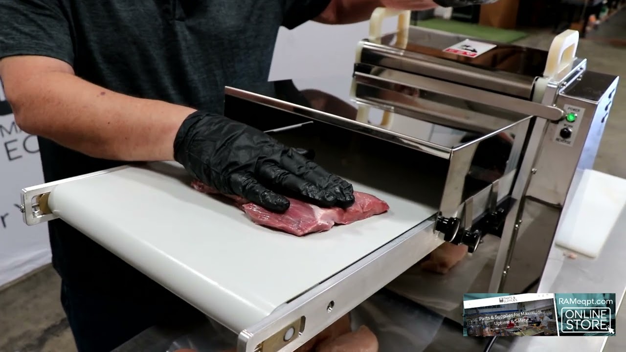 RAM Model SCD-300 Strip Cutter and Dicer: Demo Cutting 6mm Strips and 6mm Cubes of Beef