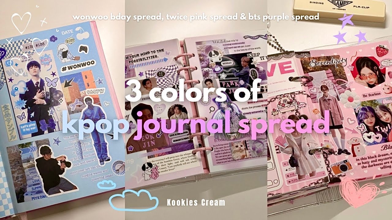 3 colors of kpop journal spread ˙ ✩&deg;˖🫐🍓 wonwoo bday spread, pink twice & purple bts journal deco 💜