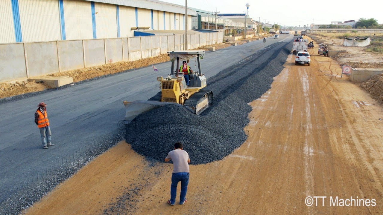 Amazing Technical Specification !! Bulldozer D41E Spreading Gravel With Dump Truck Building New Road