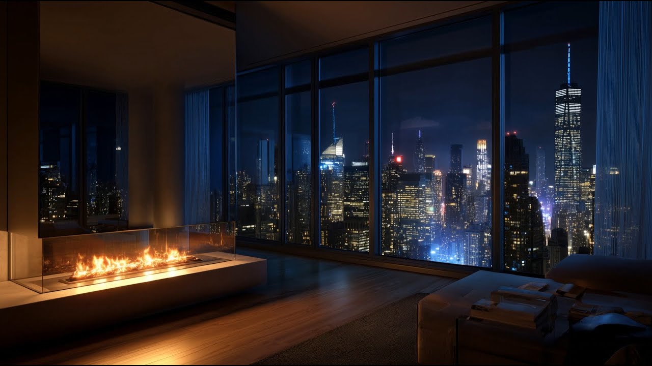 New York City Night Ambience 🌃 | Cozy Apartment Fireplace 🔥 | 4 Hours, 4K, for Sleep, Study & Relax
