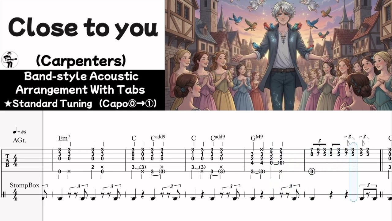 【Close  to you/Carpenters】Band-style Acoustic Guitar Arrangement with Tabs&Chords