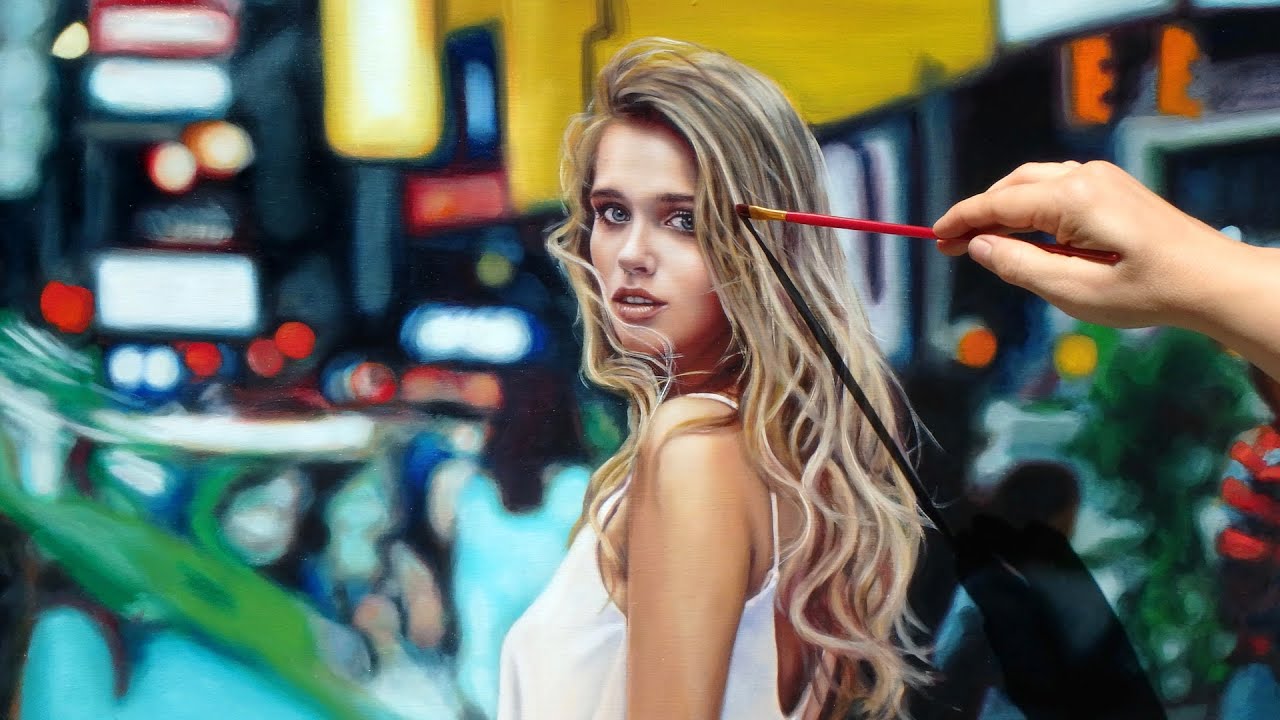 PHOTOREALISTIC OIL PAINTING TIME LAPSE ✦ PORTRAIT ART VIDEO - Woman with City Bokeh Background