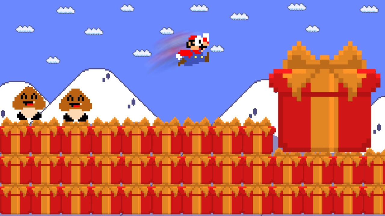 Every time Mario jumps, a Christmas gift box appears