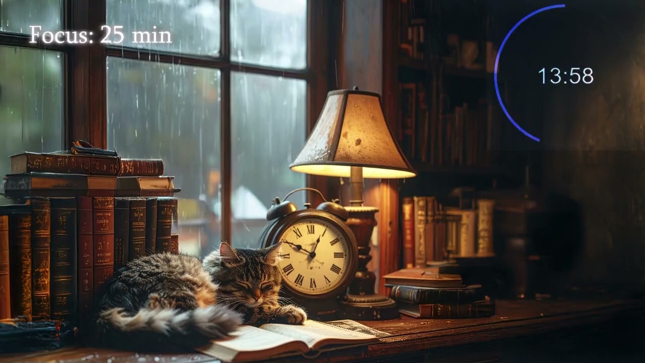 Pomodoro Timer 25/5 🍅 Rainy Used Bookstore & Jazz 📖 Study Music for Deep Focus [Dark Academia]
