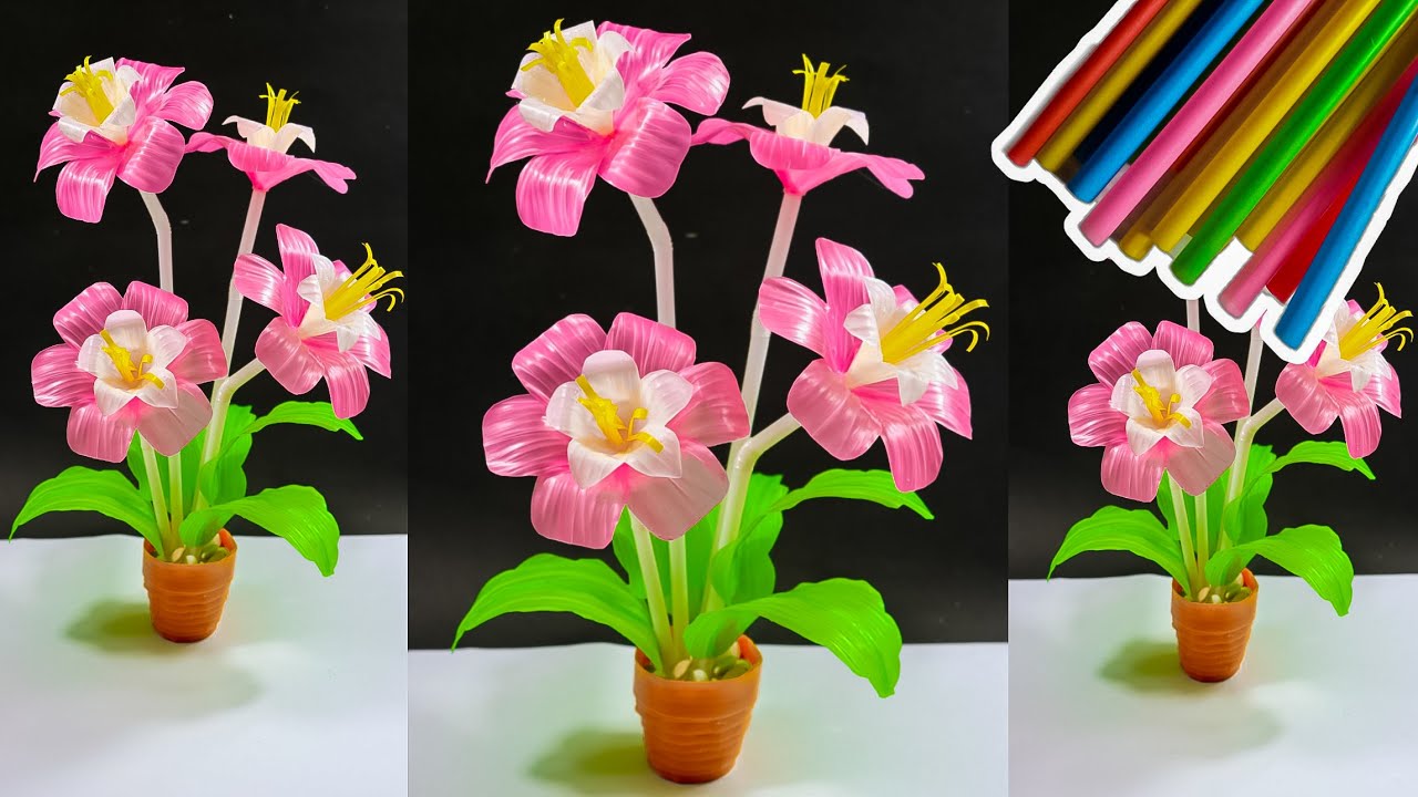 cara membuat bunga hias dari sedotan warna merah muda - pink flower straws