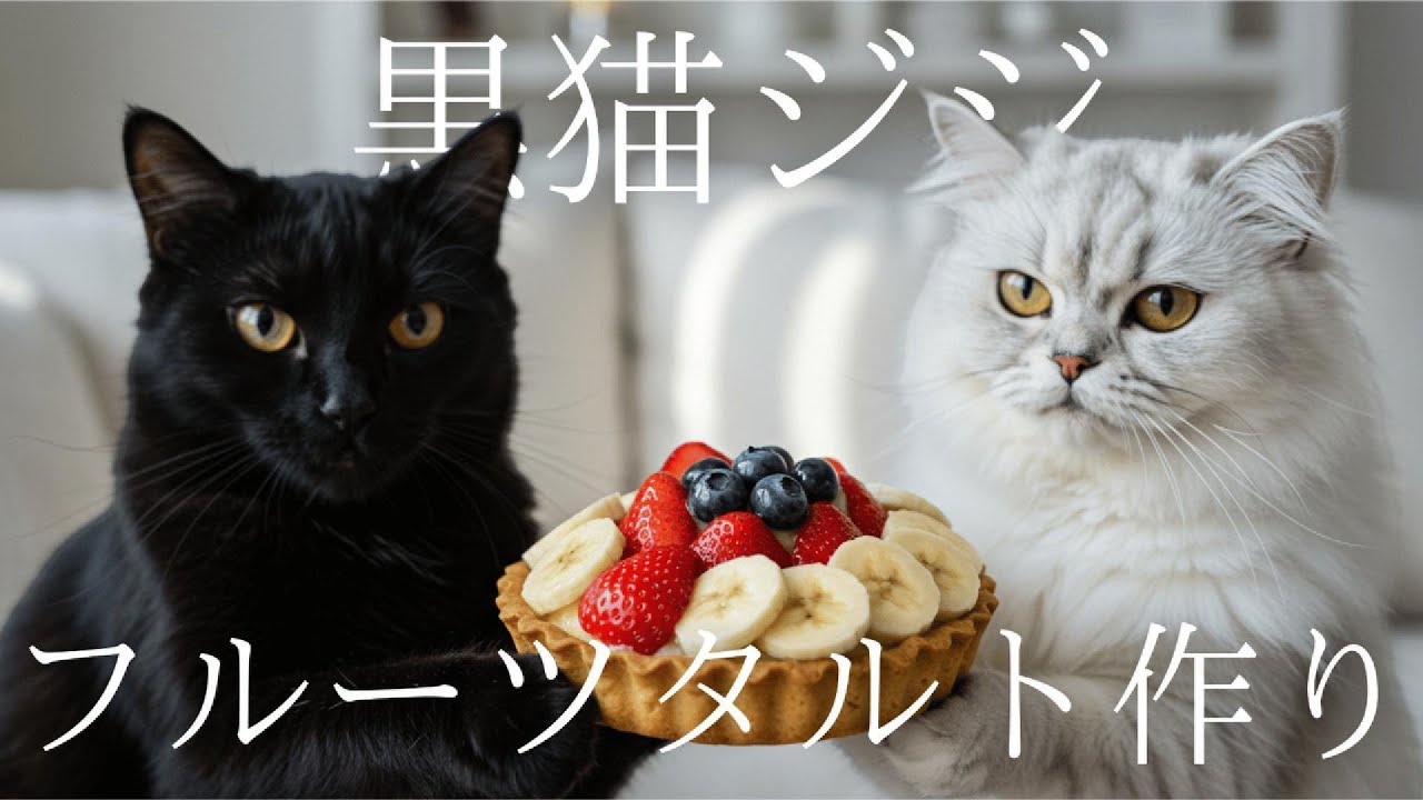 黒猫ジジが山で取れた果物でフルーツタルトを作る🍓🫐🍌