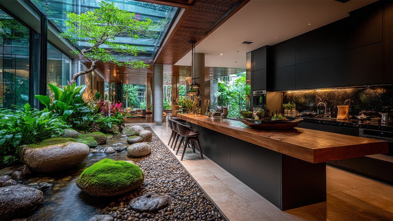 Seamless Contemporary Kitchen and Dining with  Indoor Water Garden Base On IKEA Kitchen