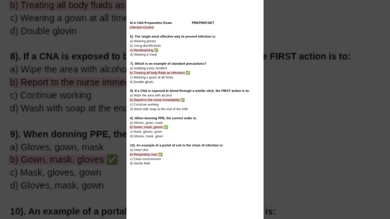 M.A CNA Preparation Exam: Infection Control