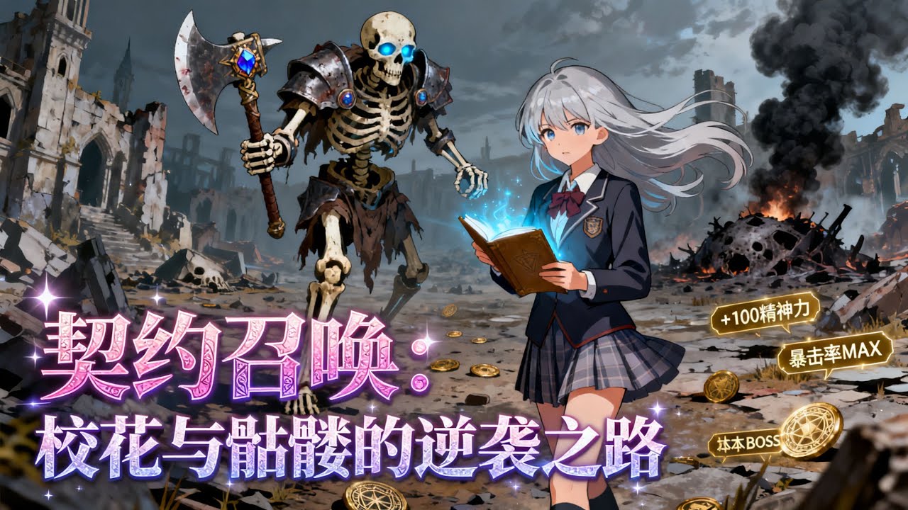 《契約召喚：校花與骷髏的逆襲之路》平民校花轉職召喚師卻負債累累，唯一希望是契約我這骷髏兵，沒想到我倆共享天賦後，她加精神力我狂疊詞條，雙廢組合直接殺穿副本！