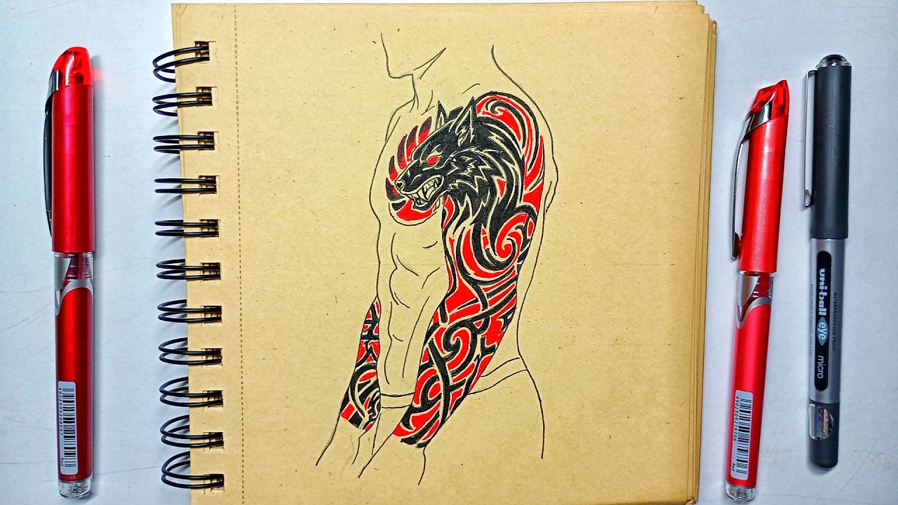 Wolf Tribal Art | Full Arm Tattoo Design | Red & Black Gel Pen