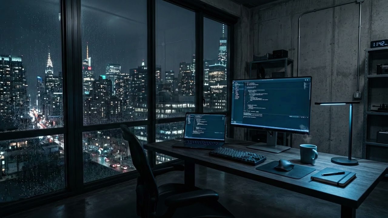 💻 Late Night Work Above the Rainy City | Brown Noise for Deep Focus (2h)