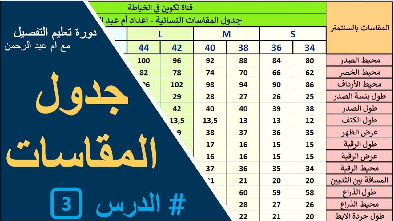 دورة تعليم التفصيل : الدرس الثالث جدول المقاسات النسائية