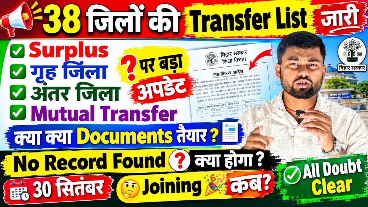 🚨 38 जिलों की Transfer List जारी! Surplus, गृह जिला, अंतर जिला & Mutual Transfer पर बड़ा अपडेट |