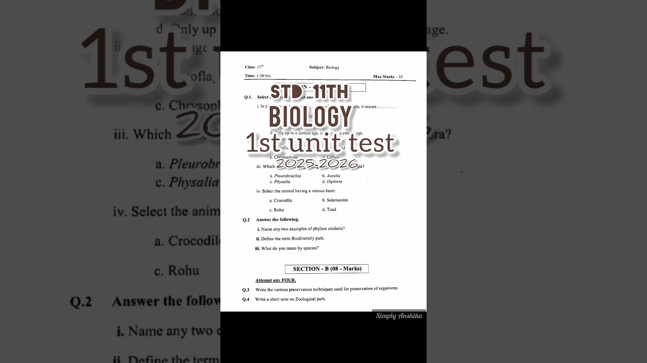 Std 11 Biology | Unit Test 1 Question Paper 2025 | HSC Maharashtra Board | Simply Anshika