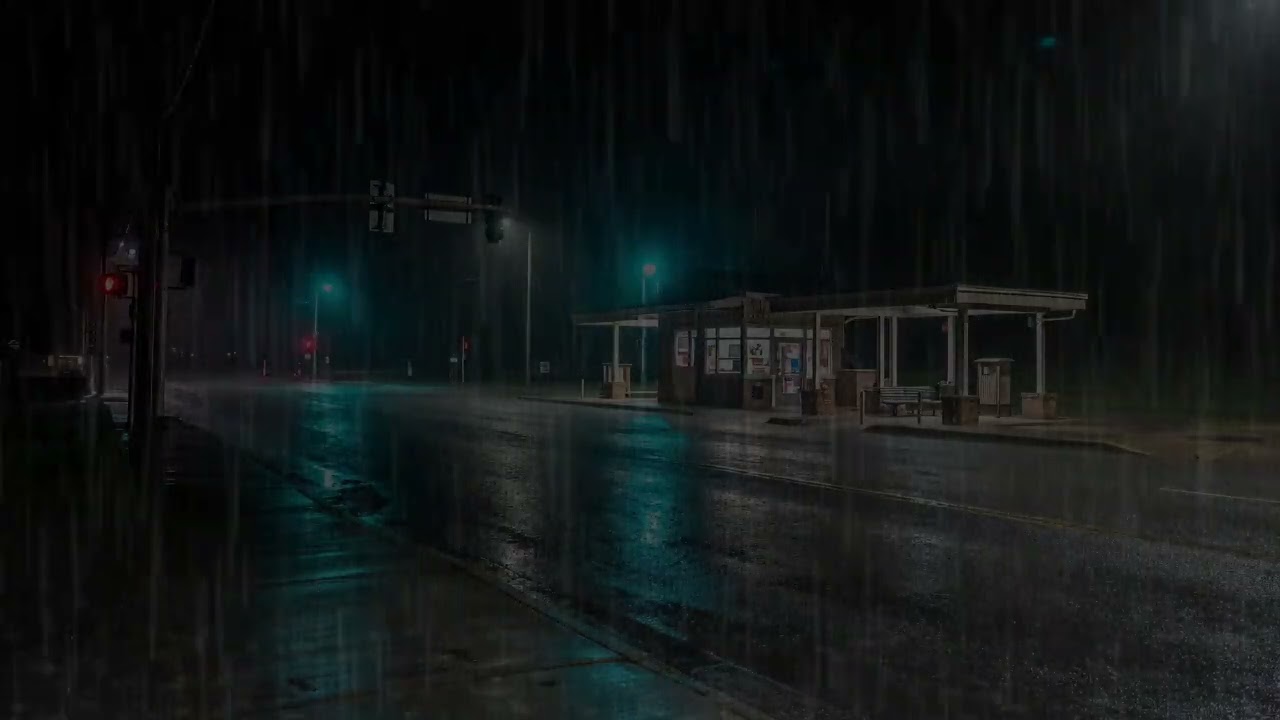 Rainy Night at an Empty Bus Stop | Real Street Ambience (No Music)