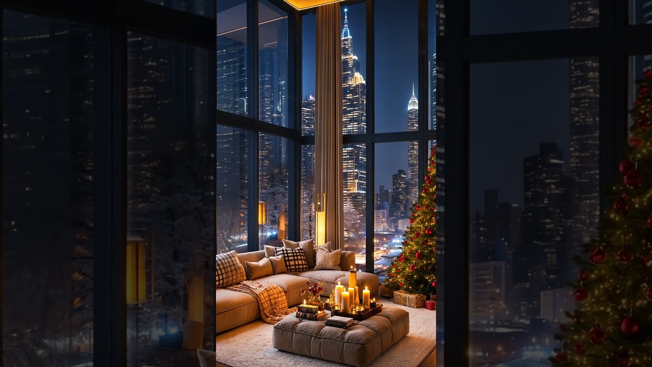 NYC Winter Jazz 🏙️ Snowy Apartment with Christmas Lights