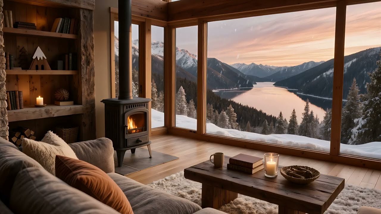 Snowy Mountain Lake Fireplace Ambience ❄️🔥 | Cozy Winter Cabin at Sunset