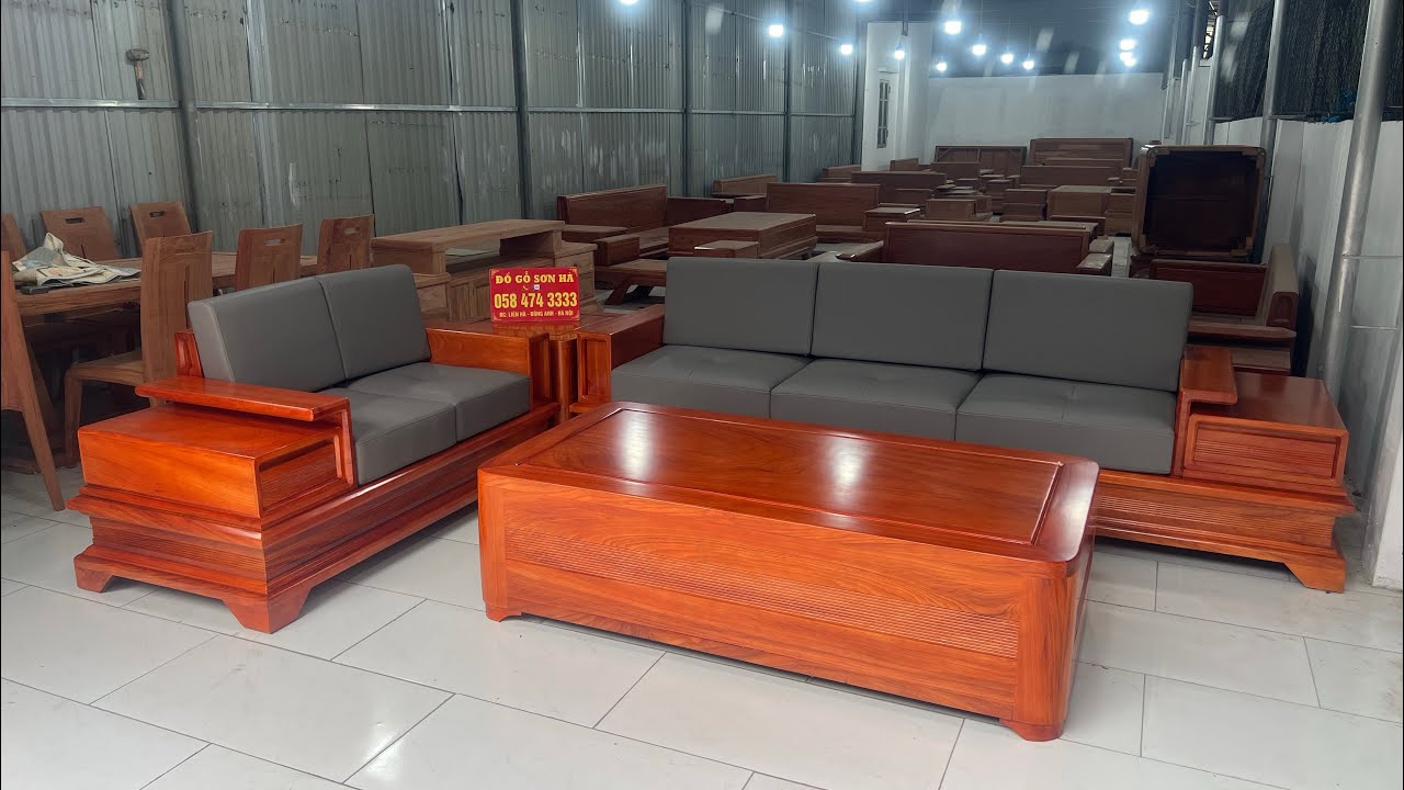 Sofa zito chân pháo gỗ gõ đỏ pachy kết hợp đệm da pandora cao cấp | Xưởng Đồ Gỗ Sơn Hà