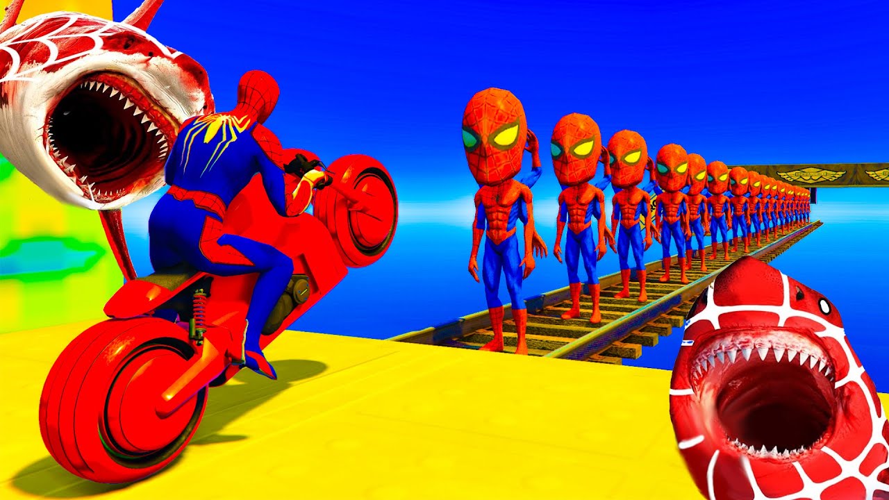 GTA V. Spiderman Rides On Crazy Map While All His Friends Are Eaten By Shark Challenge Map By Trevor