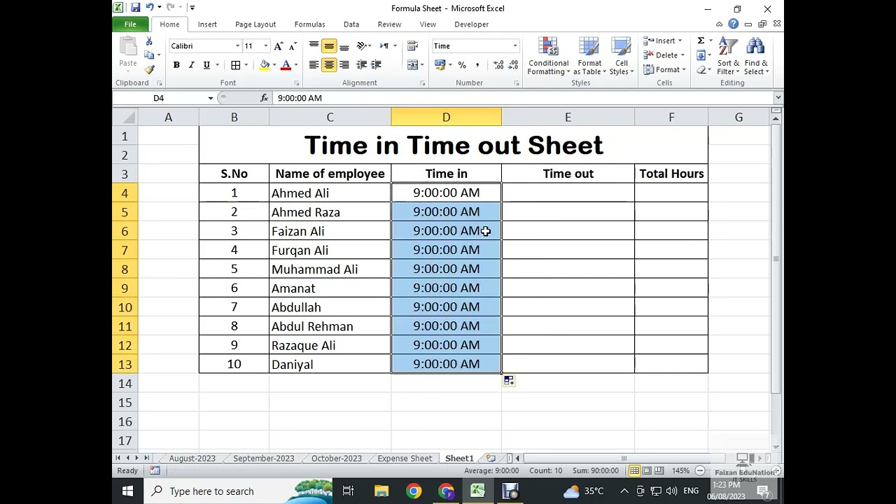 Calculating Time in and Time out in Ms Excel | In Hindi