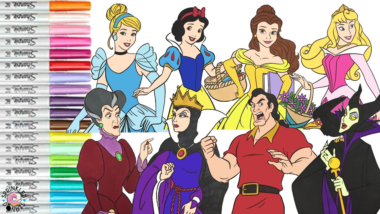 Disney Princess Coloring Book Compilation Snow White Evil Queen Maleficent Aurora Gaston Belle