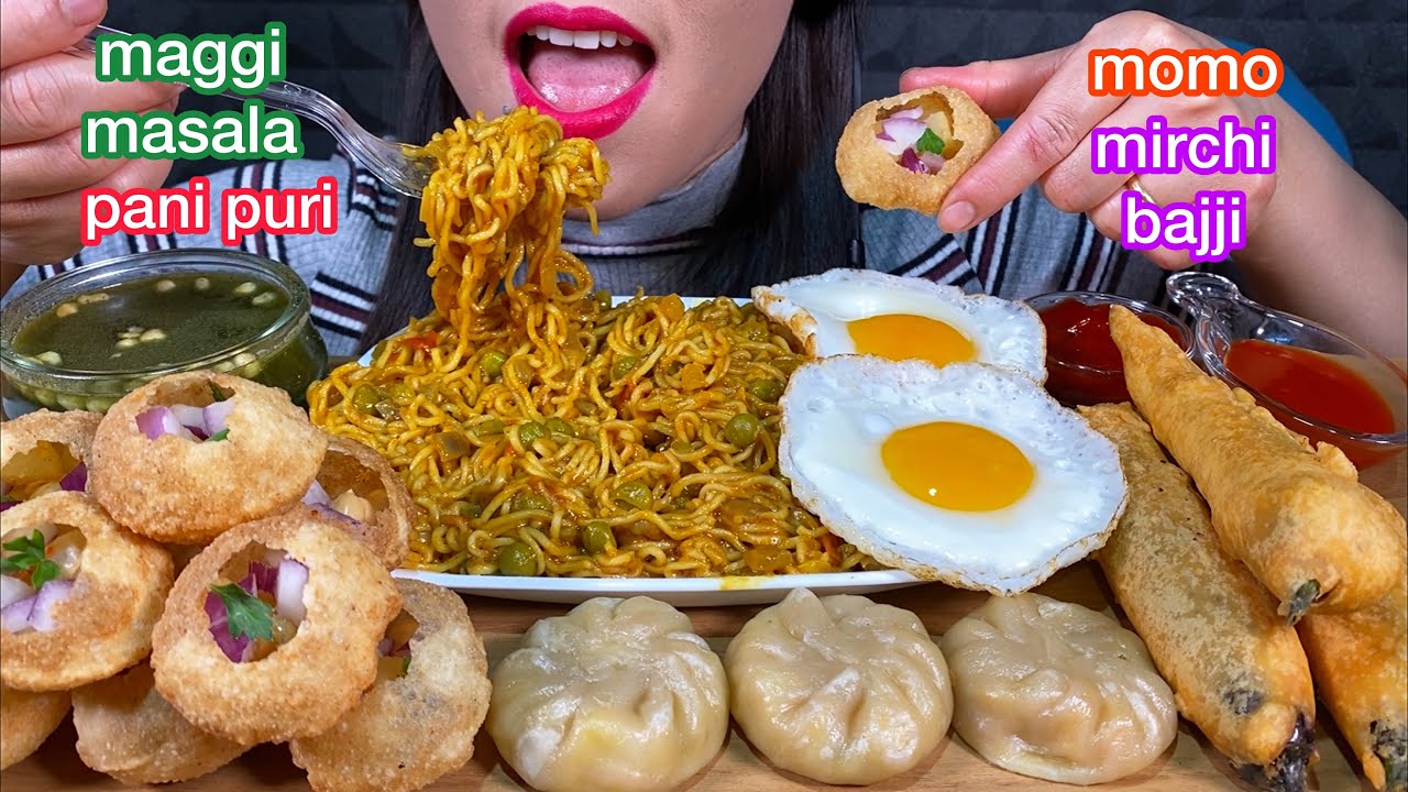 ASMR MAGGI MASALA, MOMO, PANI PURI, MIRCHI BAJJI, EGGS 먹방 MUKBANG MASSIVE Eating Sounds