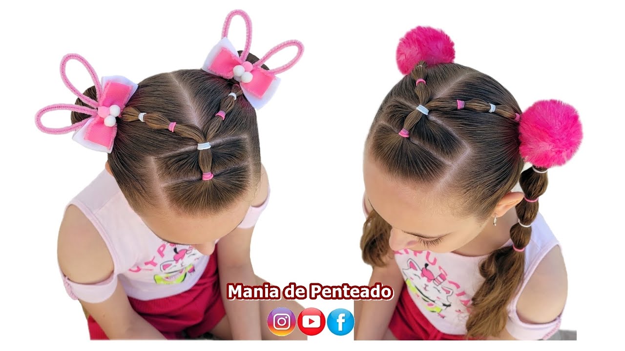 Penteado Infantil Fácil, Maria Chiquinha ou Coques 🐰💖 | Two Buns or Ponytails Hairstyle for Girls 🥰💖