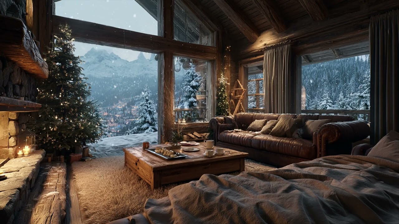 🎹🔥 Cozy White Piano Lounge | Crackling Fireplace & Soft Snow for Deep Focus and Calm Meditation