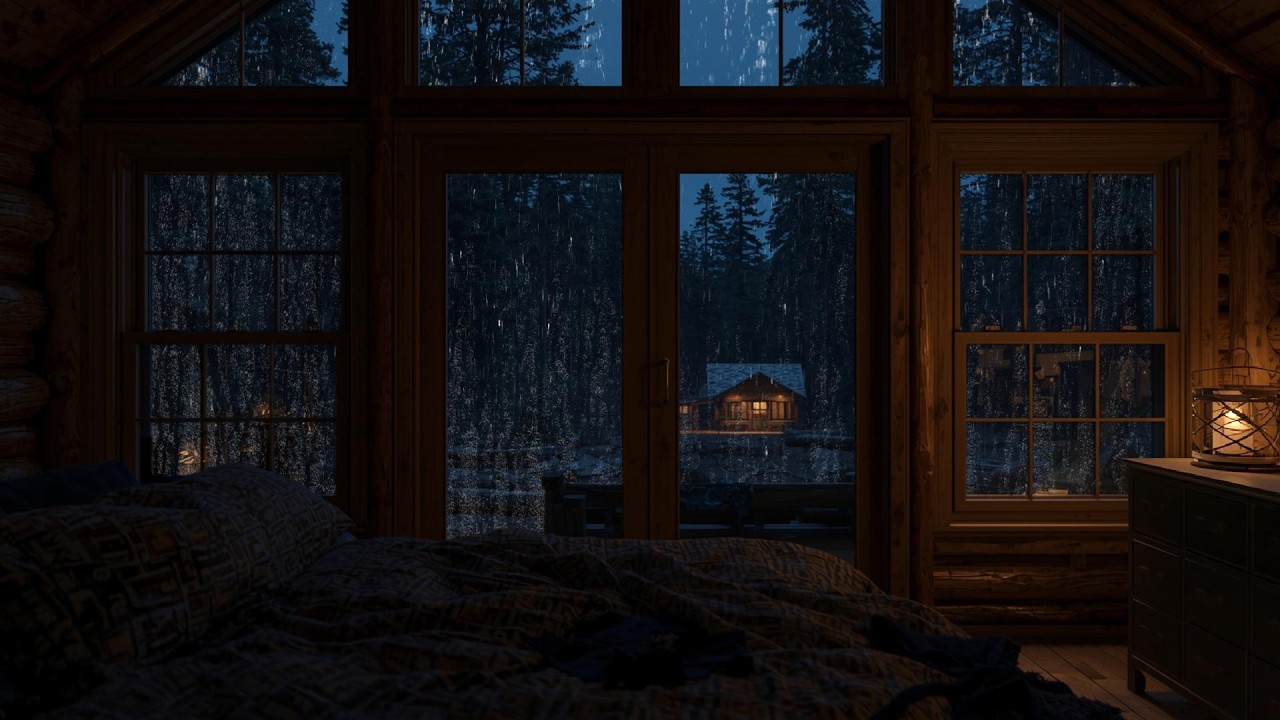 Relaxing Night Rain on Window in a Cozy Cabin Bedroom | Deep Sleep Sounds, Dark Forest Rain Ambience