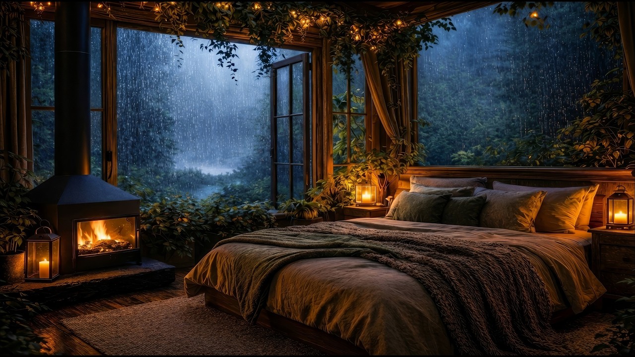 Rain & Fireplace for Deep Sleep 🌧️🔥 Cozy Bedroom Rain Ambience
