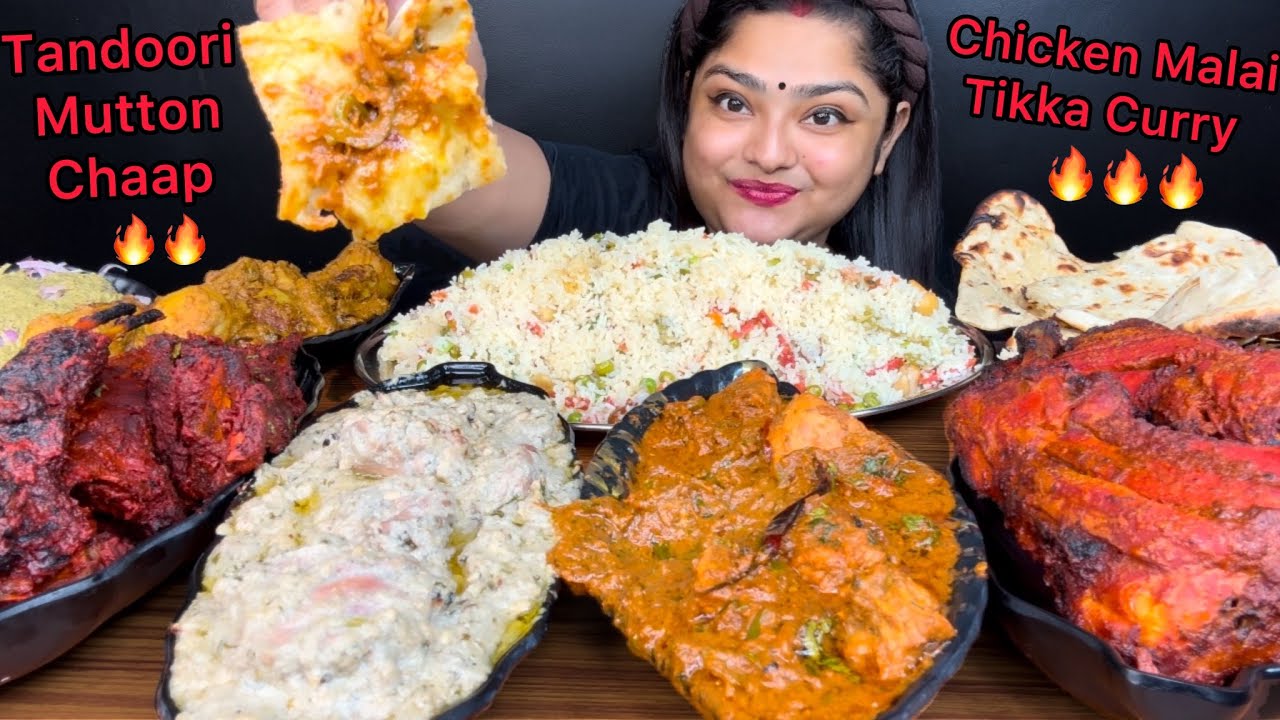 CHICKEN MALAI TIKKA CURRY, MUTTON TANDOORI CHAAP, VEGETABLE FRIED RICE, CHICKEN KOLHAPURI | MUKBANG