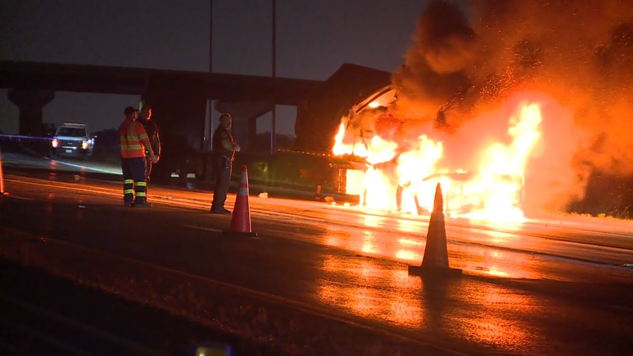 Semi-trailer fire blocks part of southbound I-35 in Oklahoma City