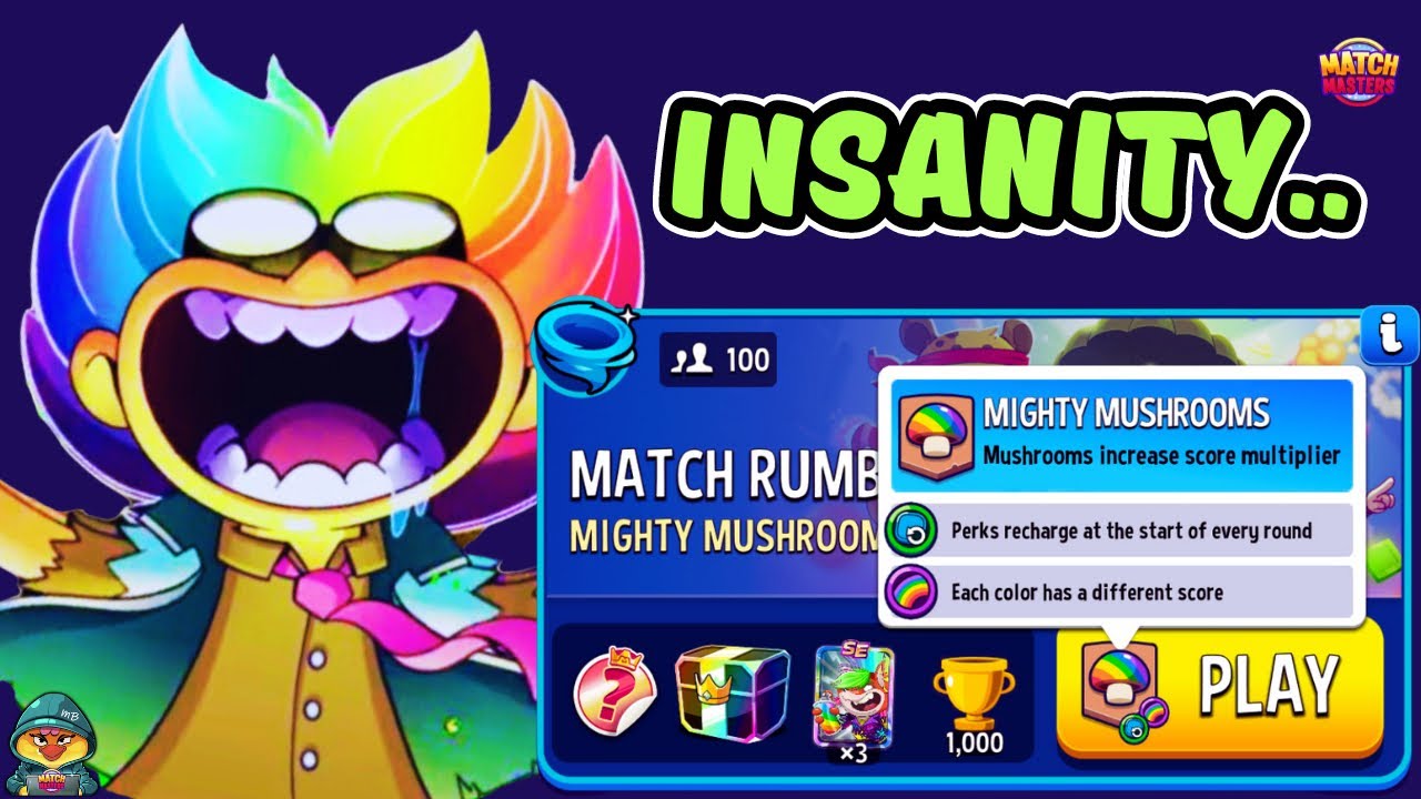 INSANE 100 PLAYERS MIGHTY MUSHROOMS + RAINBOW + PERKS RECHARGE MATCH RUMBLE | Match Masters x2 WINS