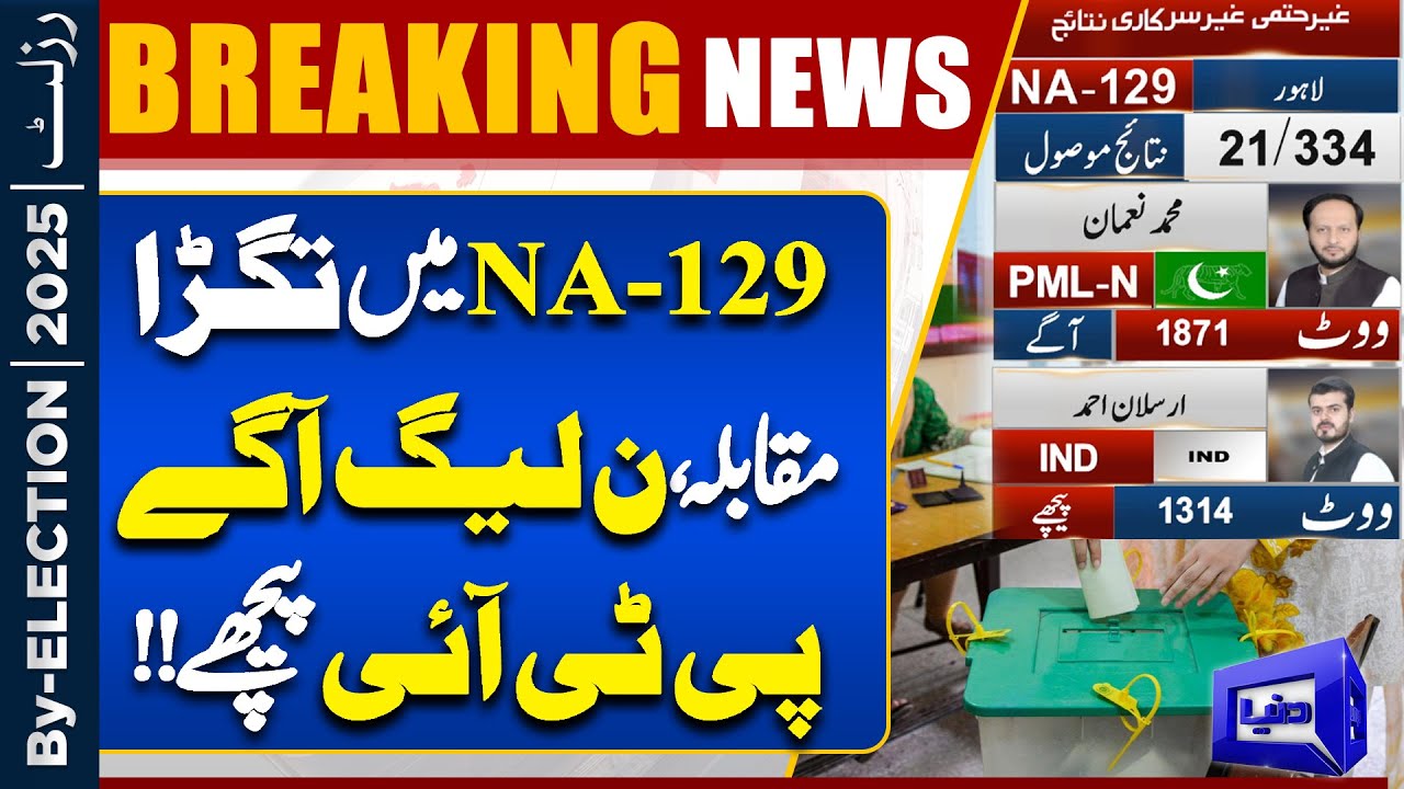 By Election 2025 Unofficial Results: NA-129 Lahore Heat Up | PML-N Up, PTI Down | Dunya News